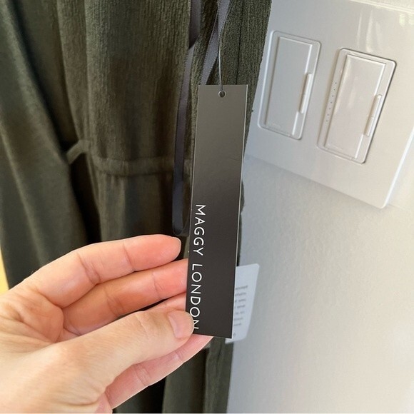 Maggy London Asymmetrical Drape Midi Dress In Olive 2 NWT - Picture 7 of 15